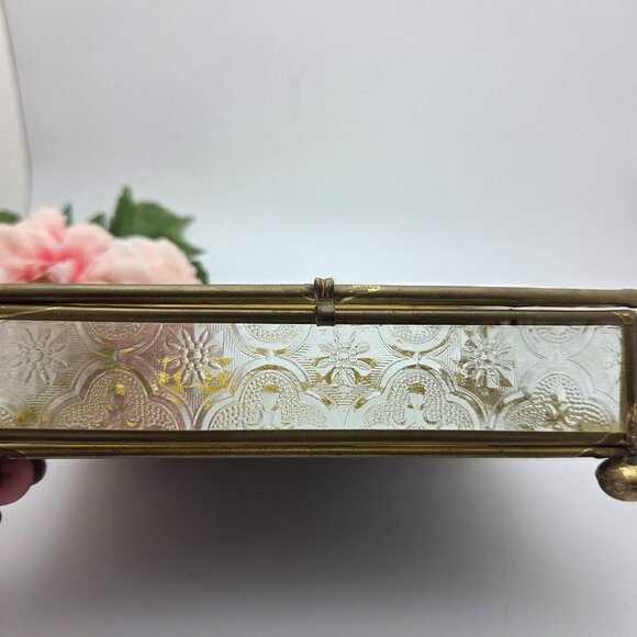 Vintage Glass Mirrored Jewelry Trinket Box Etched Rose Brass Mid Century - Picture 3 of 14